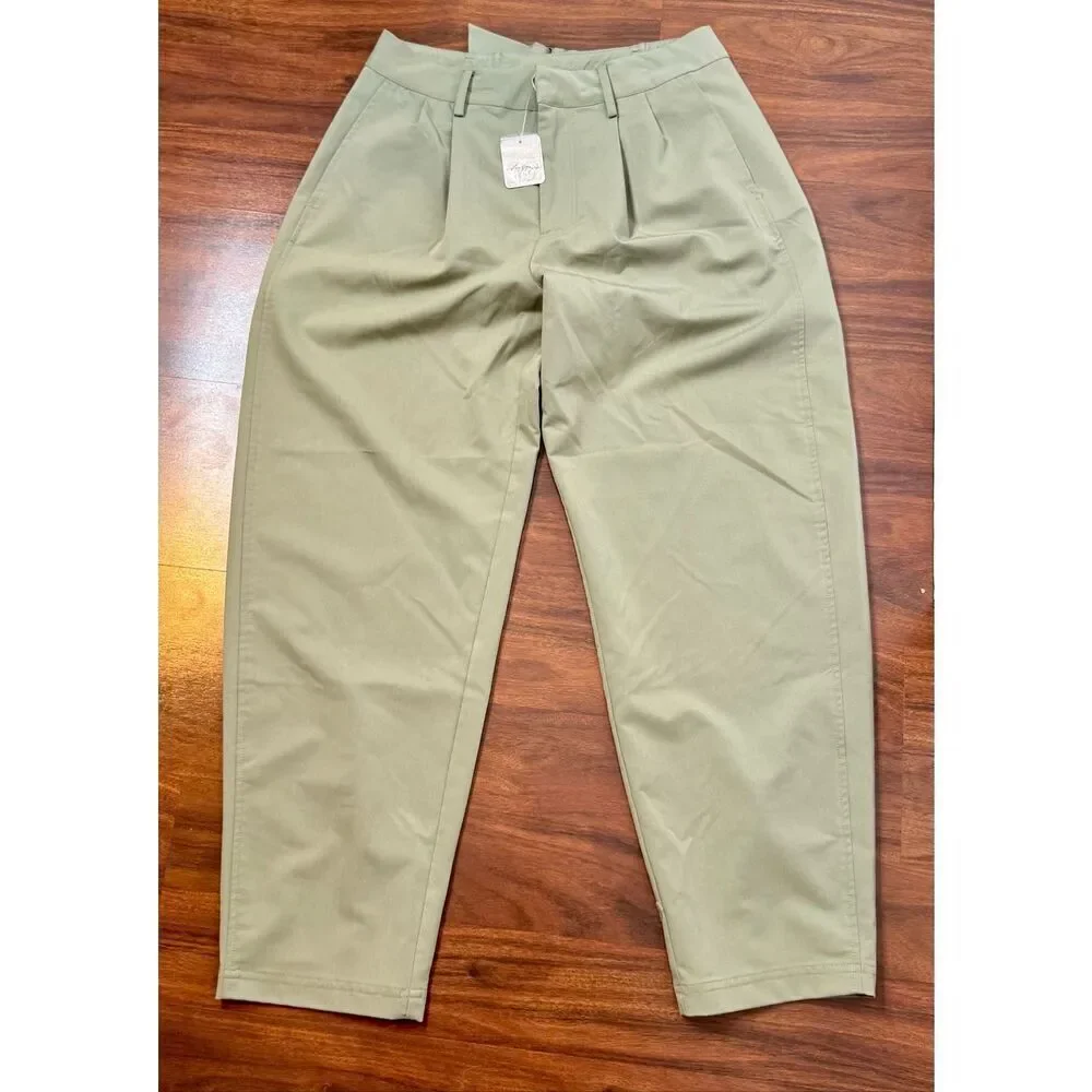 Free People Pleated Wide Zoey Tapered Trouser Pant in Moss Green Women’s Size 6